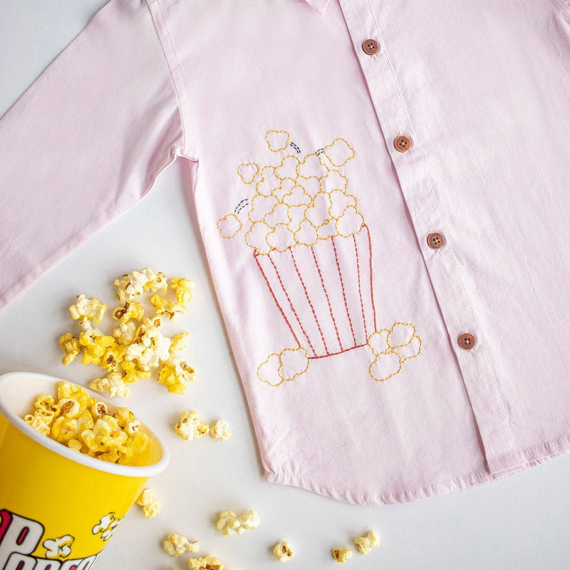 Popcorn Embroidered Unisex Organic Cotton Shirt- Light Pink | Verified Sustainable Kids Shirts on Brown Living™