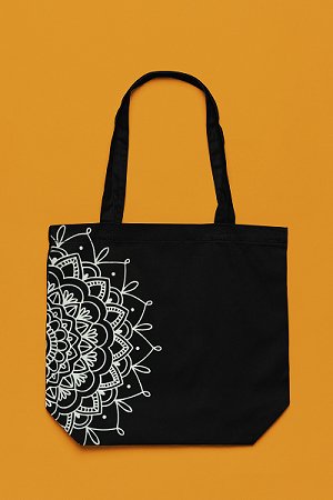 Premium Cotton Canvas Tote Bag - Half Mandala Black | Verified Sustainable Tote Bag on Brown Living™