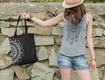 Premium Cotton Canvas Tote Bag - Half Mandala Black | Verified Sustainable Tote Bag on Brown Living™