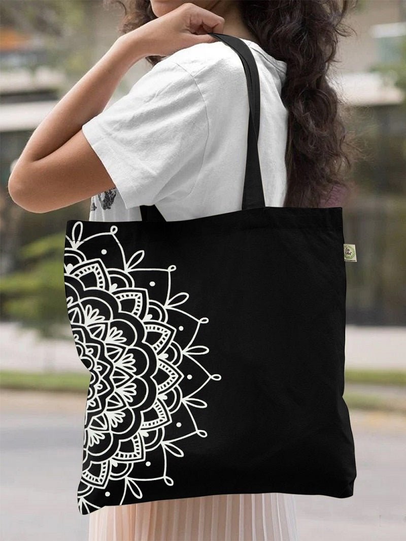 Premium Cotton Canvas Tote Bag - Half Mandala Black | Verified Sustainable Tote Bag on Brown Living™