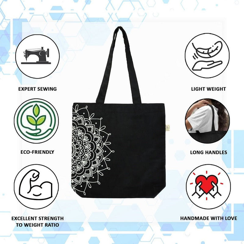 Premium Cotton Canvas Tote Bag - Half Mandala Black | Verified Sustainable Tote Bag on Brown Living™