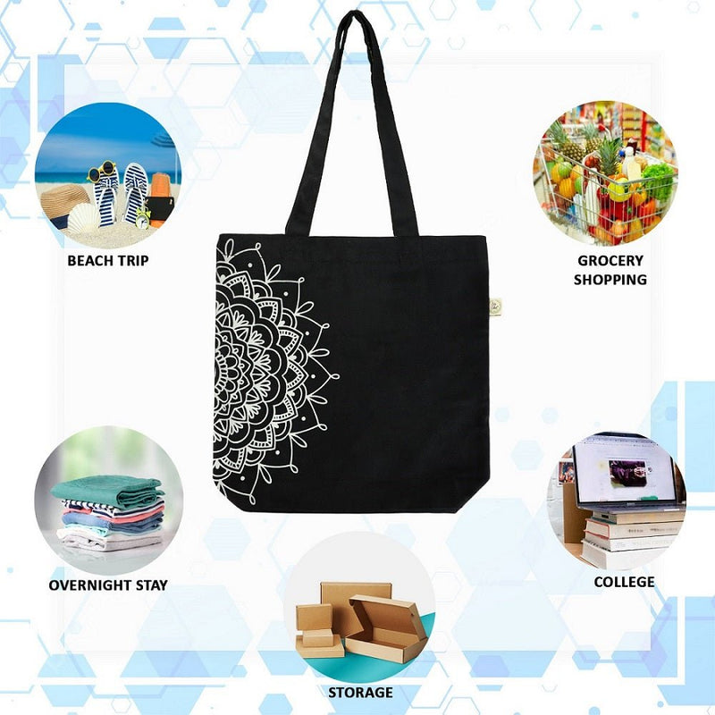 Premium Cotton Canvas Tote Bag - Half Mandala Black | Verified Sustainable Tote Bag on Brown Living™