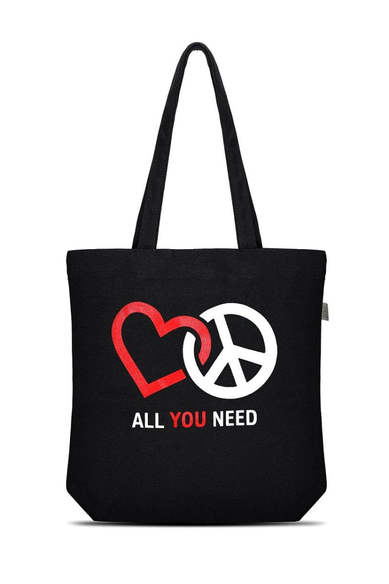 Premium Cotton Canvas Tote Bag - Peace & Love Black | Verified Sustainable Tote Bag on Brown Living™