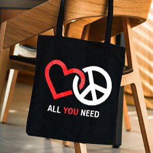 Premium Cotton Canvas Tote Bag - Peace & Love Black | Verified Sustainable Tote Bag on Brown Living™