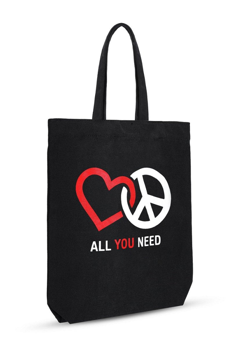 Premium Cotton Canvas Tote Bag - Peace & Love Black | Verified Sustainable Tote Bag on Brown Living™