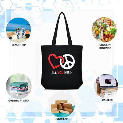 Premium Cotton Canvas Tote Bag - Peace & Love Black | Verified Sustainable Tote Bag on Brown Living™