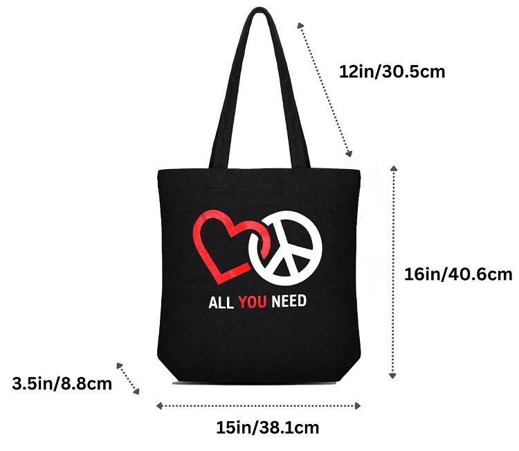 Premium Cotton Canvas Tote Bag - Peace & Love Black | Verified Sustainable Tote Bag on Brown Living™