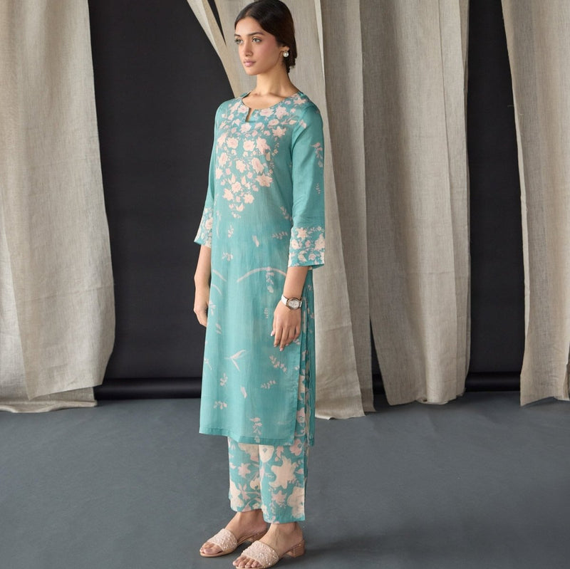 Retro Blue Floral Tencel Kurta (Set of 2) | Verified Sustainable Womens Kurta on Brown Living™