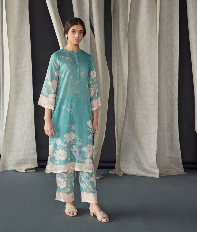 Retro Blue Floral Tencel Kurta (Set of 2) | Verified Sustainable Womens Kurta on Brown Living™