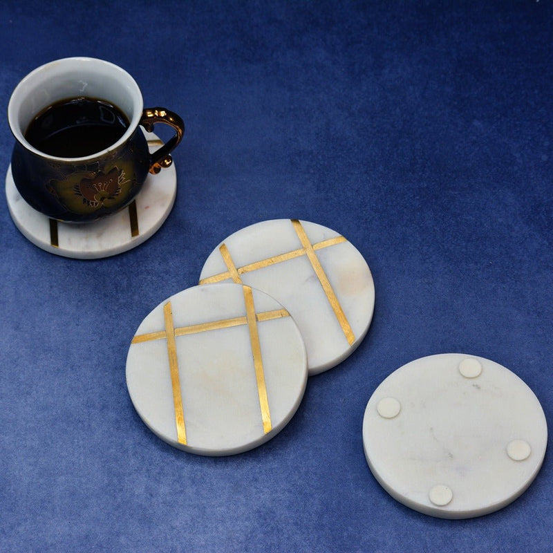 Round White Marble Inlay Coasters (Set of 4) | Verified Sustainable Coasters on Brown Living™