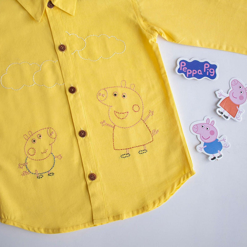 Sibling Pigs Embroidered Unisex Organic Cotton Shirt- Yellow | Verified Sustainable Kids Shirts on Brown Living™