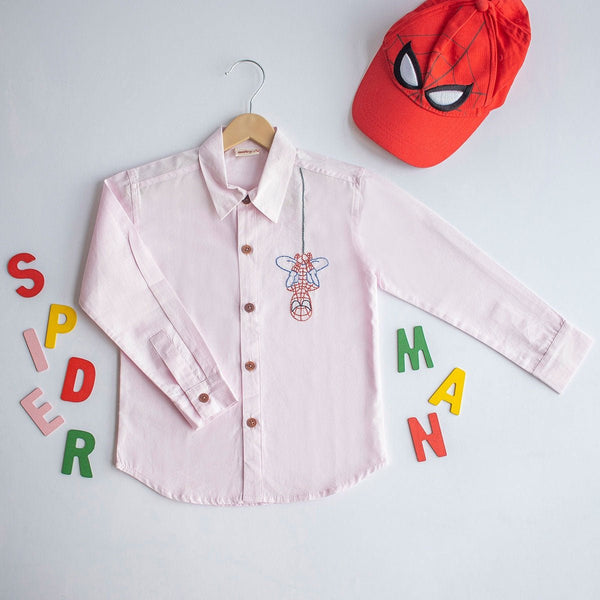 Spidey Embroidered Organic Cotton Shirt- Light Pink | Verified Sustainable Kids Shirts on Brown Living™