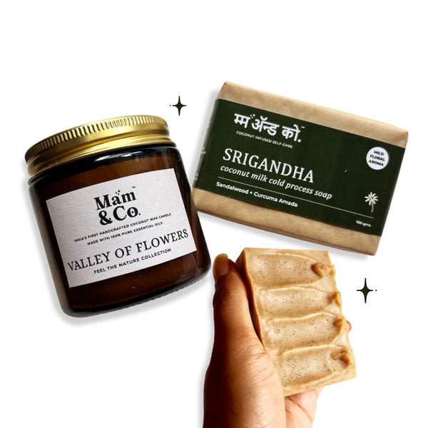 Srigandha Coconut Milk Soap + Valley of Flowers Coconut Wax Candle Saver Pack | Verified Sustainable Gift Giving on Brown Living™