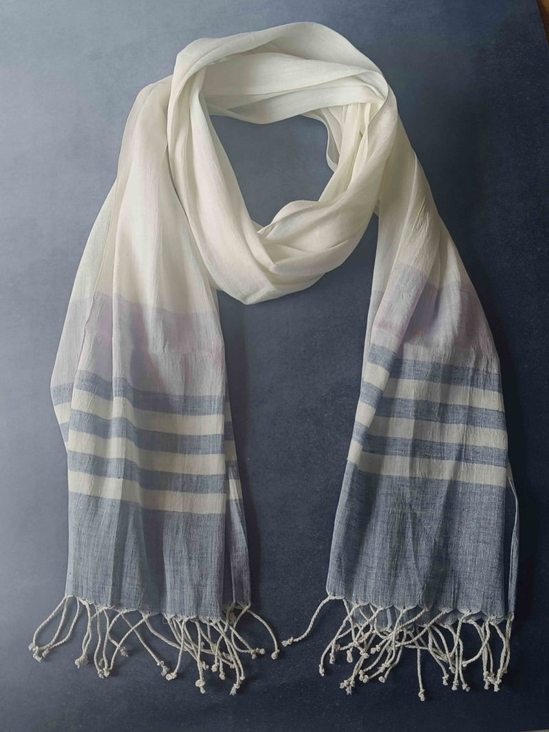 Striped Hemp Fabric Unisex Stole - Grey & White | Verified Sustainable Womens Scarf on Brown Living™