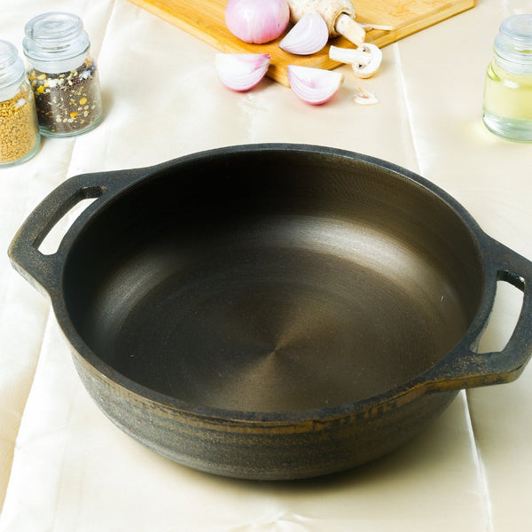 Super Smooth Handmade Cast Iron Flat Bottom Kadai | Verified Sustainable Cookware on Brown Living™