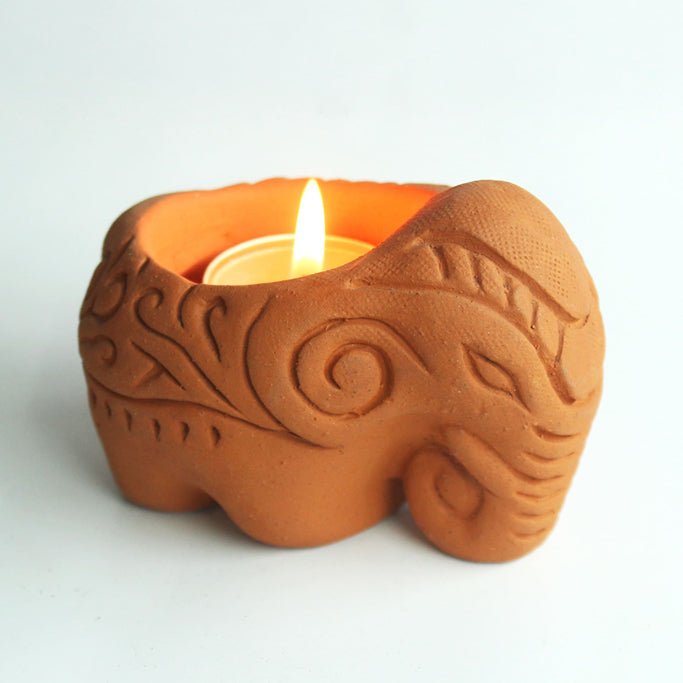 Terracotta Elephant Candle Holder | Set of 6 + Complimentary 6 Pcs Candles | Verified Sustainable Candles & Fragrances on Brown Living™