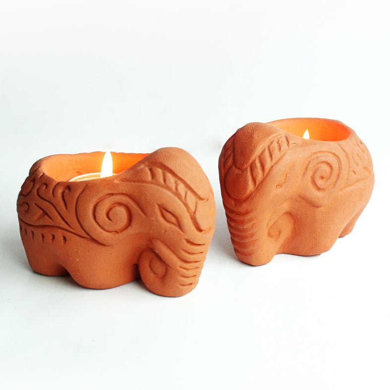 Terracotta Elephant Candle Holder | Set of 6 + Complimentary 6 Pcs Candles | Verified Sustainable Candles & Fragrances on Brown Living™