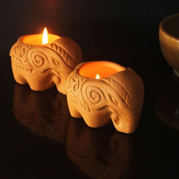 Terracotta Elephant Candle Holder | Set of 6 + Complimentary 6 Pcs Candles | Verified Sustainable Candles & Fragrances on Brown Living™