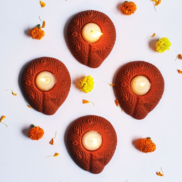 Terracotta Peacock Candle Holder | Set of 6 + 6 Pcs Complimentary Candles | Verified Sustainable Candles & Fragrances on Brown Living™