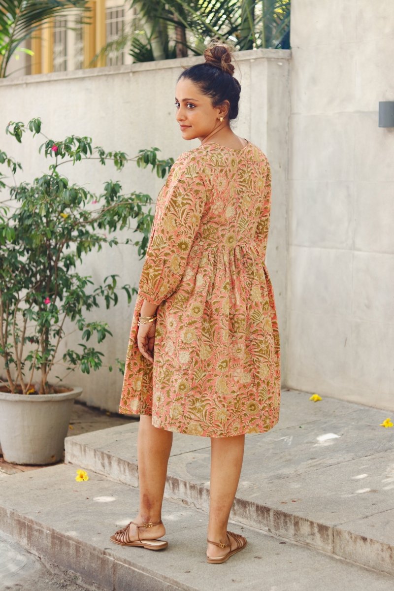 The Jemma Cotton Dress | Block Print | Olive Blush | Verified Sustainable Womens Dress on Brown Living™