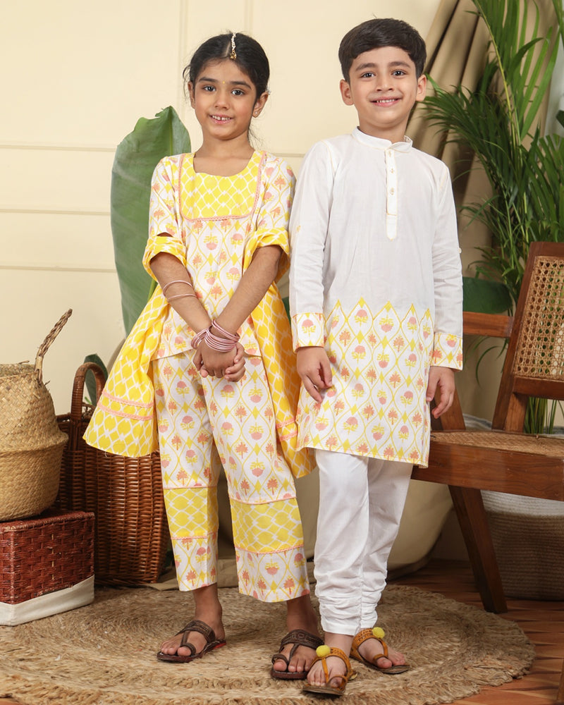 Buy Zahra Boys Hand Block Printed Ethnic Embroidered Cotton Kurta | Shop Verified Sustainable Kids Ethnic Sets on Brown Living™