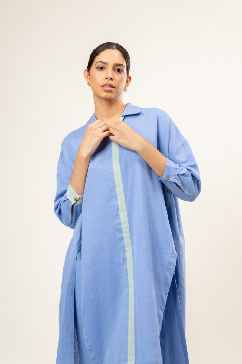 Upcycled Cotton Dusty Blue Blake | Verified Sustainable Womens Tunic on Brown Living™