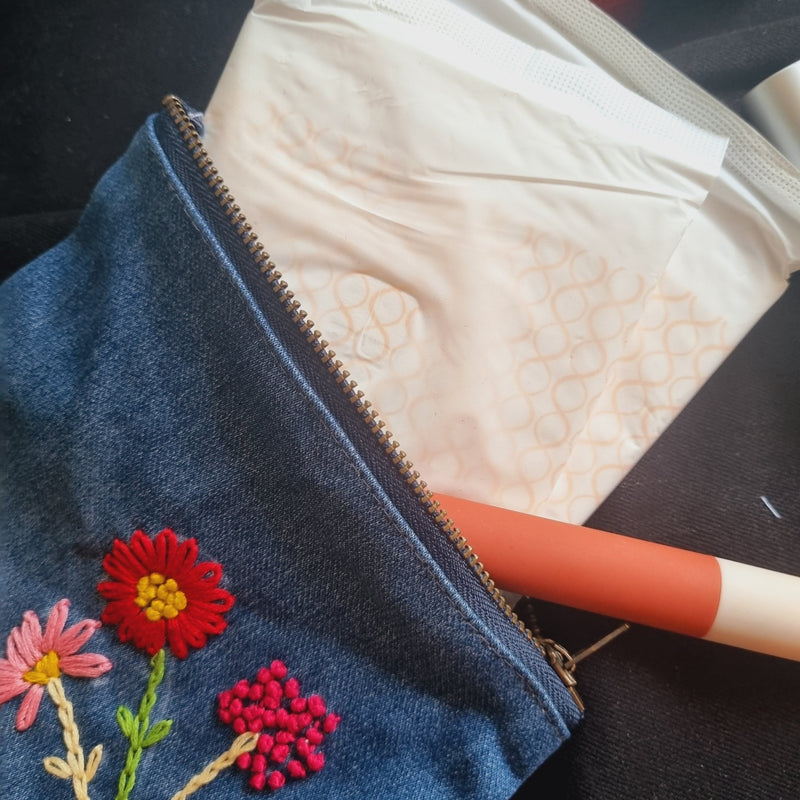 Upcycled Denim Pocket | Hand Embroidered | Verified Sustainable Travel Organiser on Brown Living™