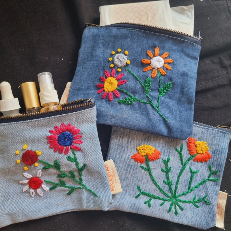 Upcycled Denim Pocket | Hand Embroidered Set of 3 | Verified Sustainable Travel Organiser on Brown Living™