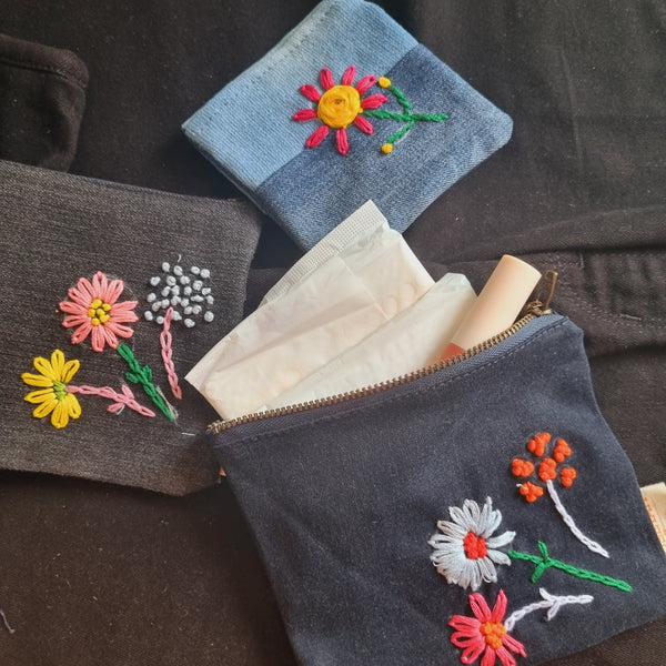 Upcycled Denim Pocket | Hand Embroidered Set of 3 | Verified Sustainable Travel Organiser on Brown Living™