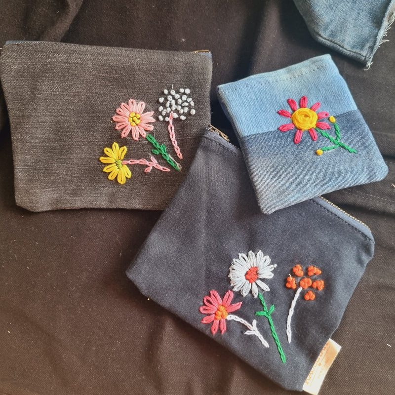 Upcycled Denim Pocket | Hand Embroidered Set of 3 | Verified Sustainable Travel Organiser on Brown Living™