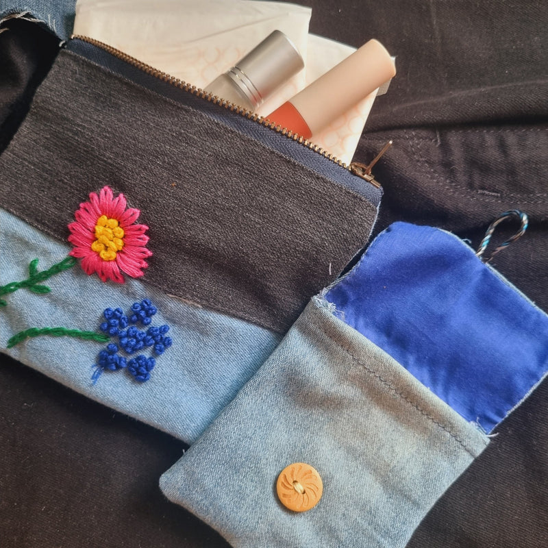 Upcycled Denim Tote Pouch with Hand Embroidery Combo | Verified Sustainable Travel Organiser on Brown Living™