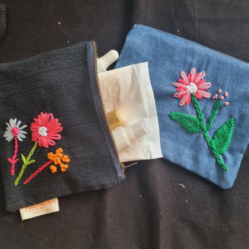 Upcycled Denim Tote Pouch with Hand Embroidery Combo | Verified Sustainable Travel Organiser on Brown Living™