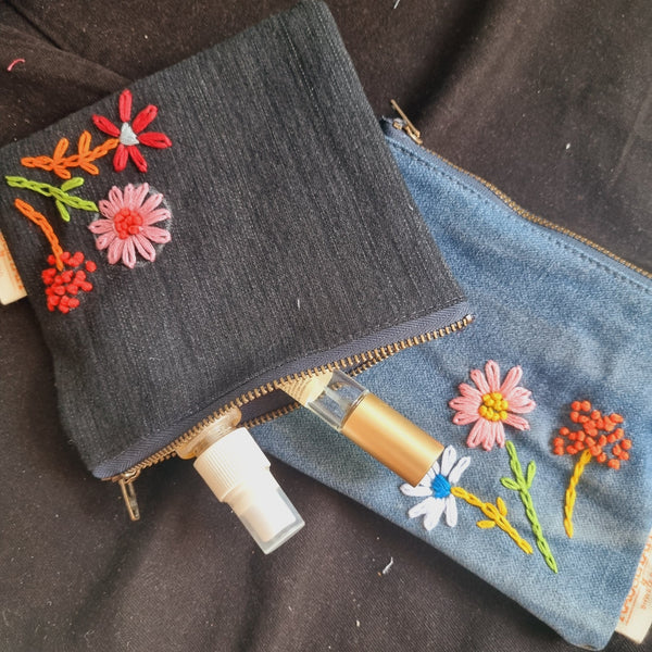 Upcycled Denim Tote Pouch with Hand Embroidery Combo | Verified Sustainable Travel Organiser on Brown Living™