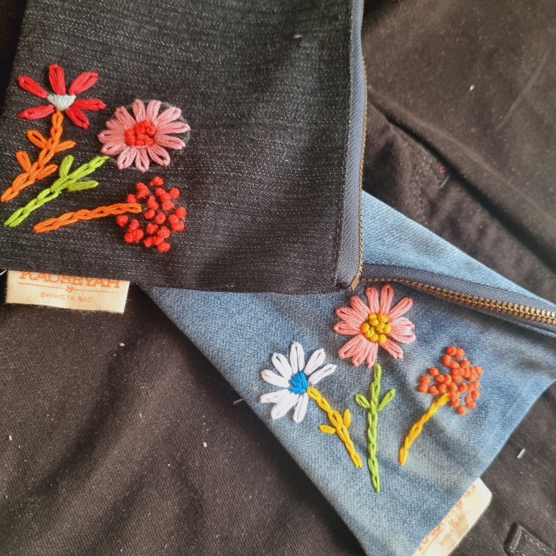 Upcycled Denim Tote Pouch with Hand Embroidery Combo | Verified Sustainable Travel Organiser on Brown Living™