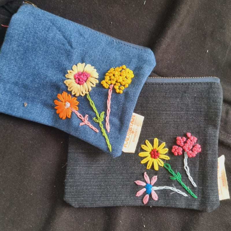 Upcycled Denim Tote Pouch with Hand Embroidery Combo | Verified Sustainable Travel Organiser on Brown Living™