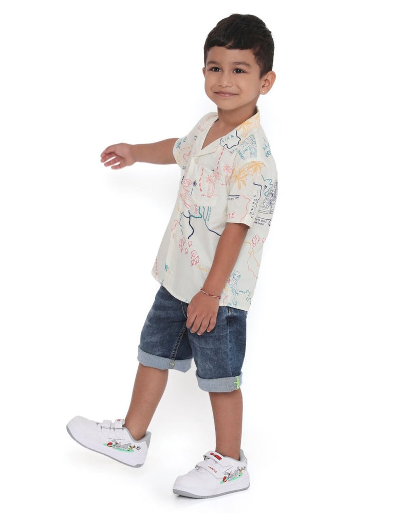 Voyager Trails Printed Cotton Shirt with Cuban Collar and Embroidery | Verified Sustainable Kids Shirts on Brown Living™