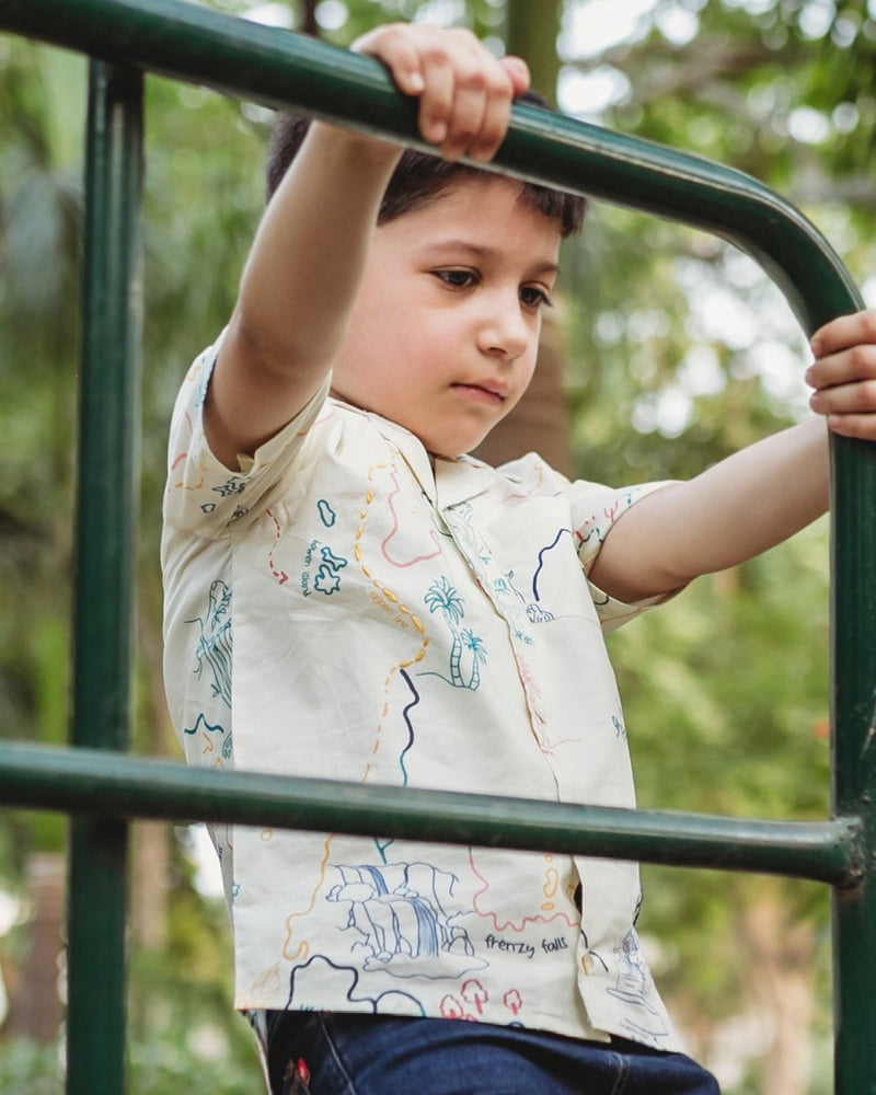 Voyager Trails Printed Cotton Shirt with Cuban Collar and Embroidery | Verified Sustainable Kids Shirts on Brown Living™