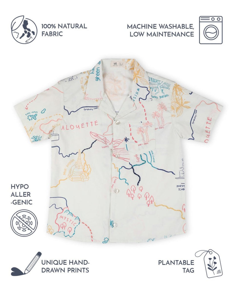 Voyager Trails Printed Cotton Shirt with Cuban Collar and Embroidery | Verified Sustainable Kids Shirts on Brown Living™