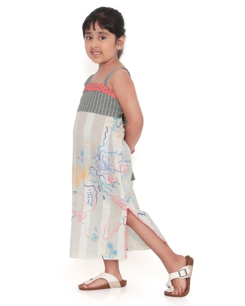 Voyager Trails Printed Sleeveless Cotton Midi Dress with Tie - Up | Verified Sustainable Kids Frocks & Dresses on Brown Living™