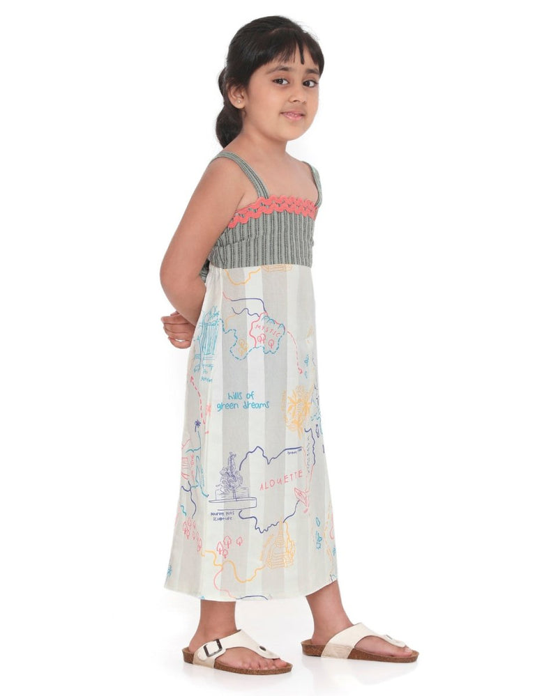 Voyager Trails Printed Sleeveless Cotton Midi Dress with Tie - Up | Verified Sustainable Kids Frocks & Dresses on Brown Living™