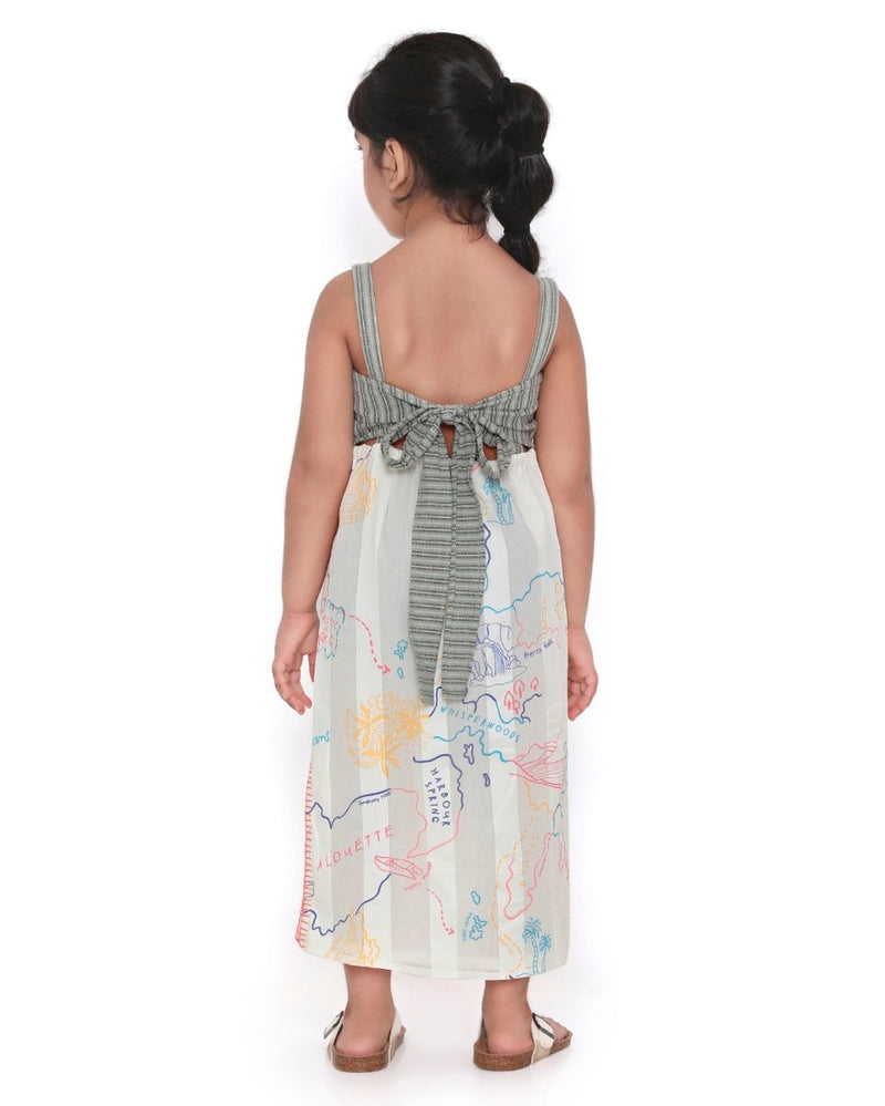 Voyager Trails Printed Sleeveless Cotton Midi Dress with Tie - Up | Verified Sustainable Kids Frocks & Dresses on Brown Living™