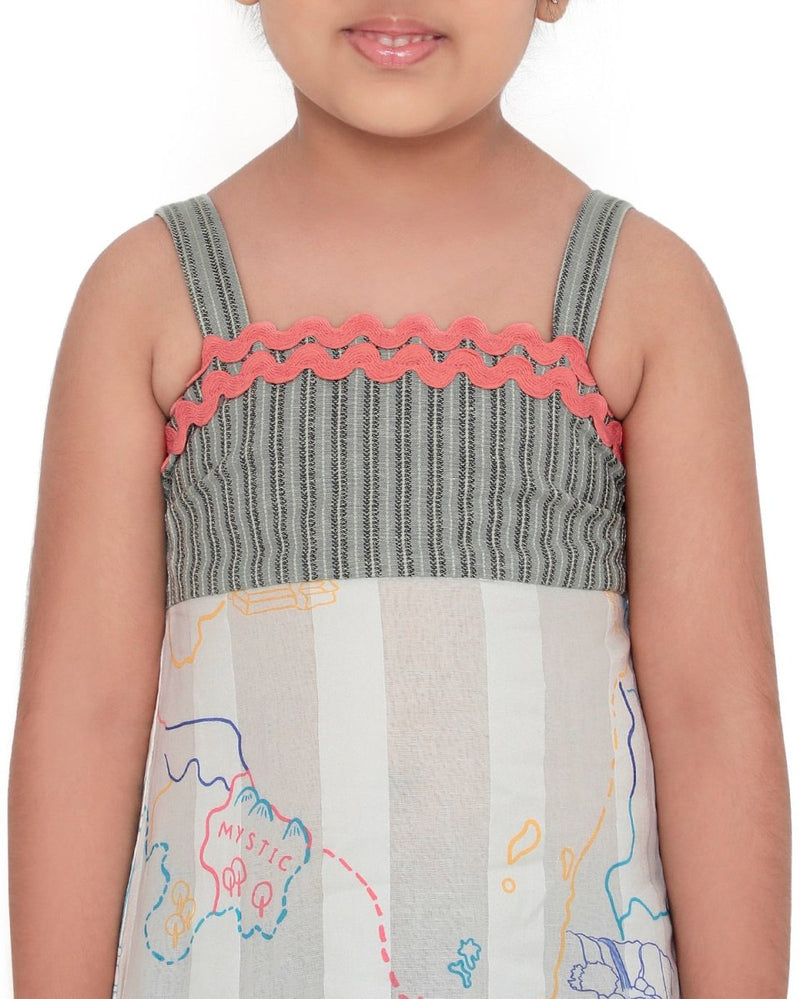 Voyager Trails Printed Sleeveless Cotton Midi Dress with Tie - Up | Verified Sustainable Kids Frocks & Dresses on Brown Living™