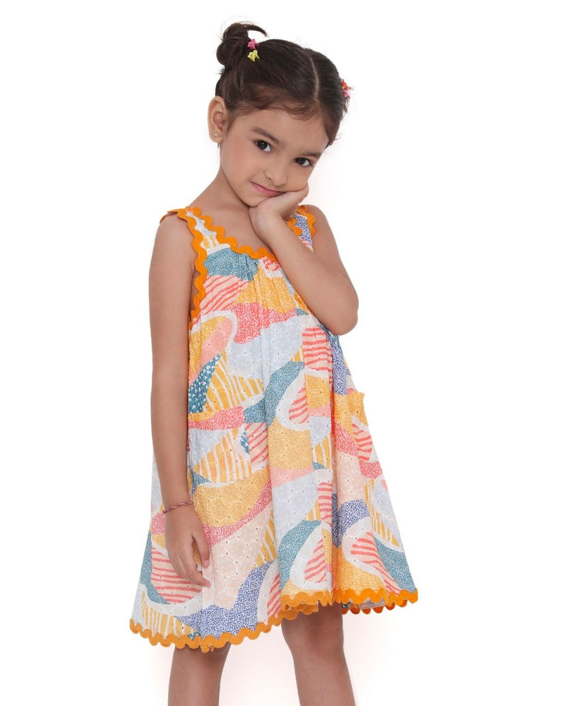 Whimsy Hills Printed Cotton Flare Dress with Schiffli Embroidery | Verified Sustainable Kids Frocks & Dresses on Brown Living™