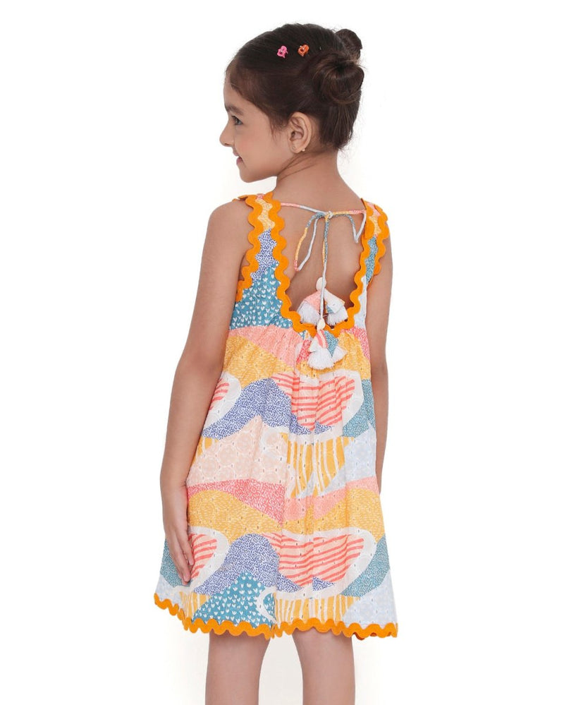 Whimsy Hills Printed Cotton Flare Dress with Schiffli Embroidery | Verified Sustainable Kids Frocks & Dresses on Brown Living™