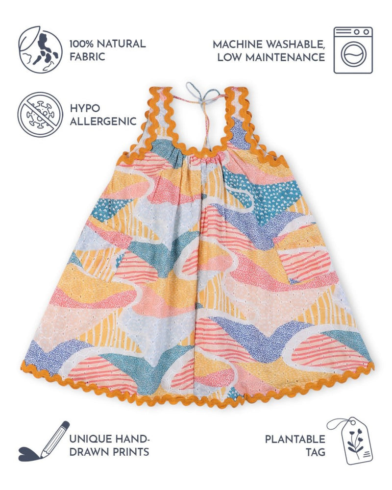 Whimsy Hills Printed Cotton Flare Dress with Schiffli Embroidery | Verified Sustainable Kids Frocks & Dresses on Brown Living™