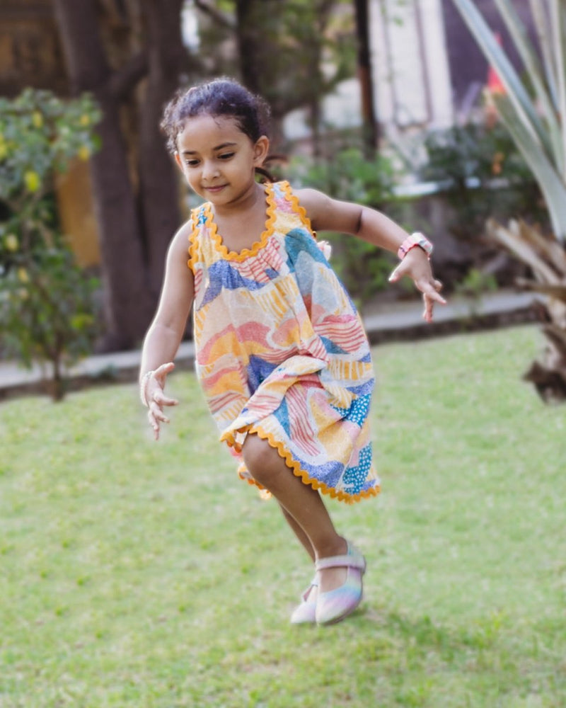 Whimsy Hills Printed Cotton Flare Dress with Schiffli Embroidery | Verified Sustainable Kids Frocks & Dresses on Brown Living™