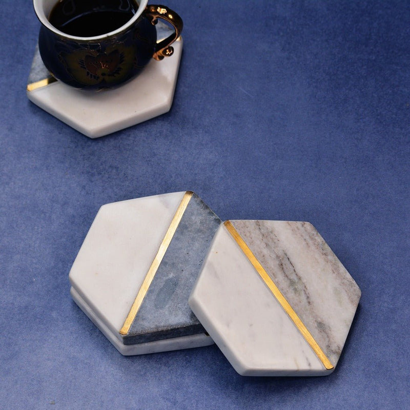 White & Grey Natural Hexagonal Marble Coasters (Set of 4) | Verified Sustainable Coasters on Brown Living™