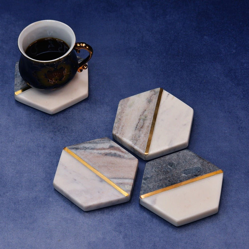 White & Grey Natural Hexagonal Marble Coasters (Set of 4) | Verified Sustainable Coasters on Brown Living™