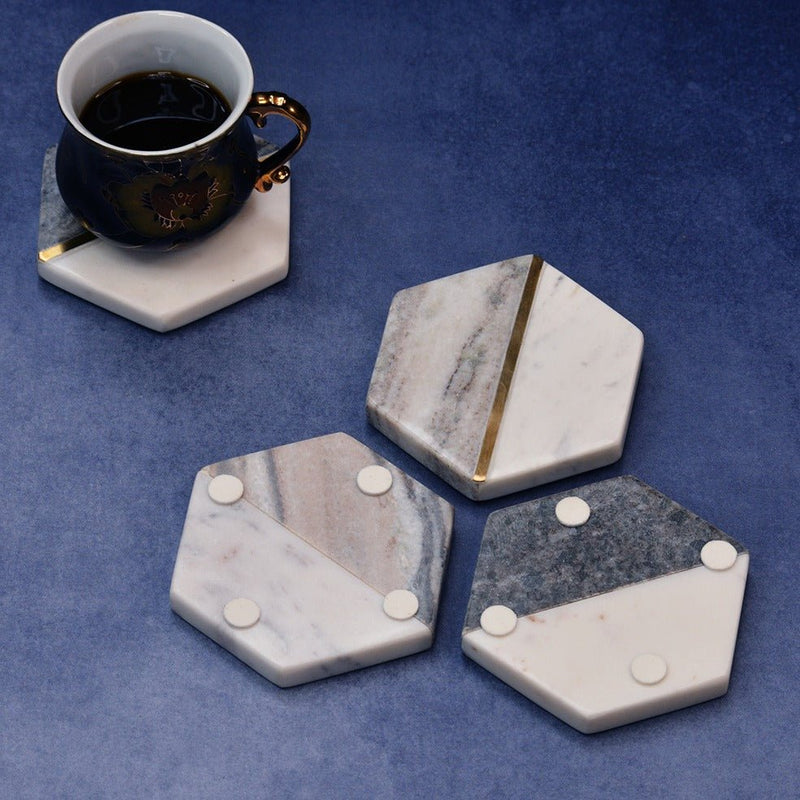 White & Grey Natural Hexagonal Marble Coasters (Set of 4) | Verified Sustainable Coasters on Brown Living™