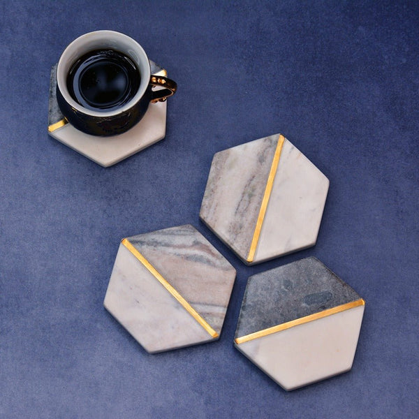 White & Grey Natural Hexagonal Marble Coasters (Set of 4) | Verified Sustainable Coasters on Brown Living™